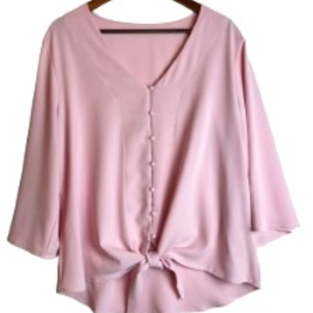 LUVAMIA V-NECK BLOUSE BATWING 3/4 SLEEVE PASTEL PINK FRONT TIE BOHO SIZE XL
